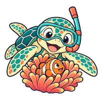 Snorkeling sea turtle with a clownfish and anemone