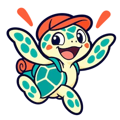 Happy sea turtle in an orange cap with a backpack jumping with arms raised