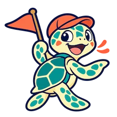Sea turtle guide in an orange cap holding a flag and pointing the way