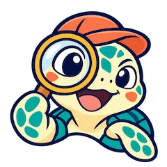 Curious sea turtle in an orange cap looking through a magnifying glass