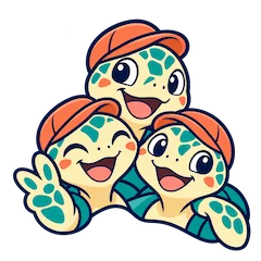 Three smiling sea turtles in orange caps posing together